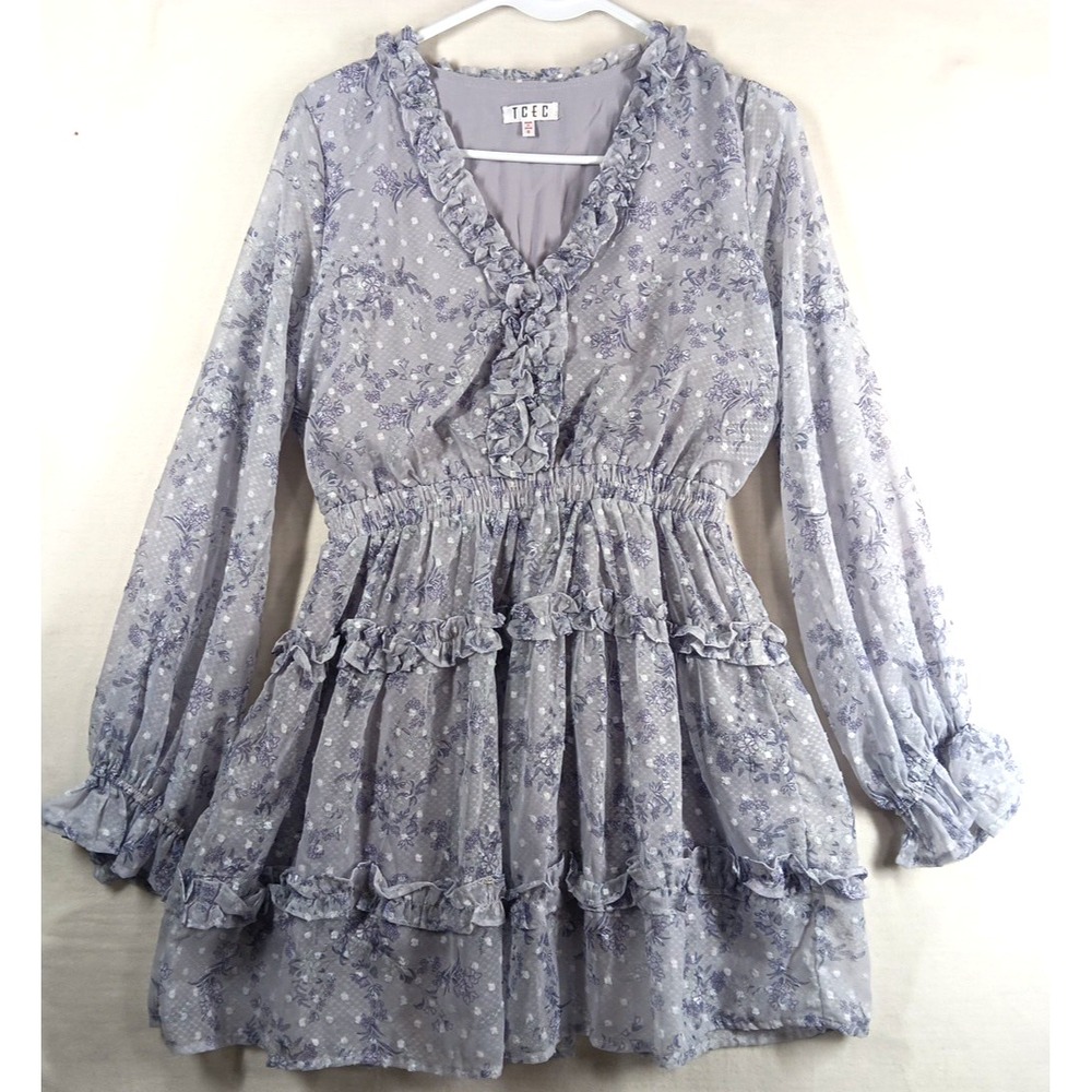 TCEC Women's Floral  Lavander Chiffon Ruffle Long Sleeve‎ Dress Sz Small Romant